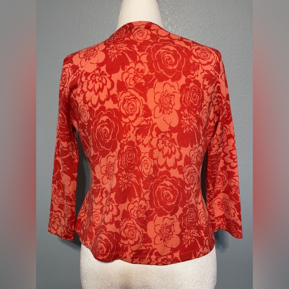 Garnet Hill Orange Floral Cardigan Sweater Button Front 100% Merino Wool Medium - Picture 3 of 7